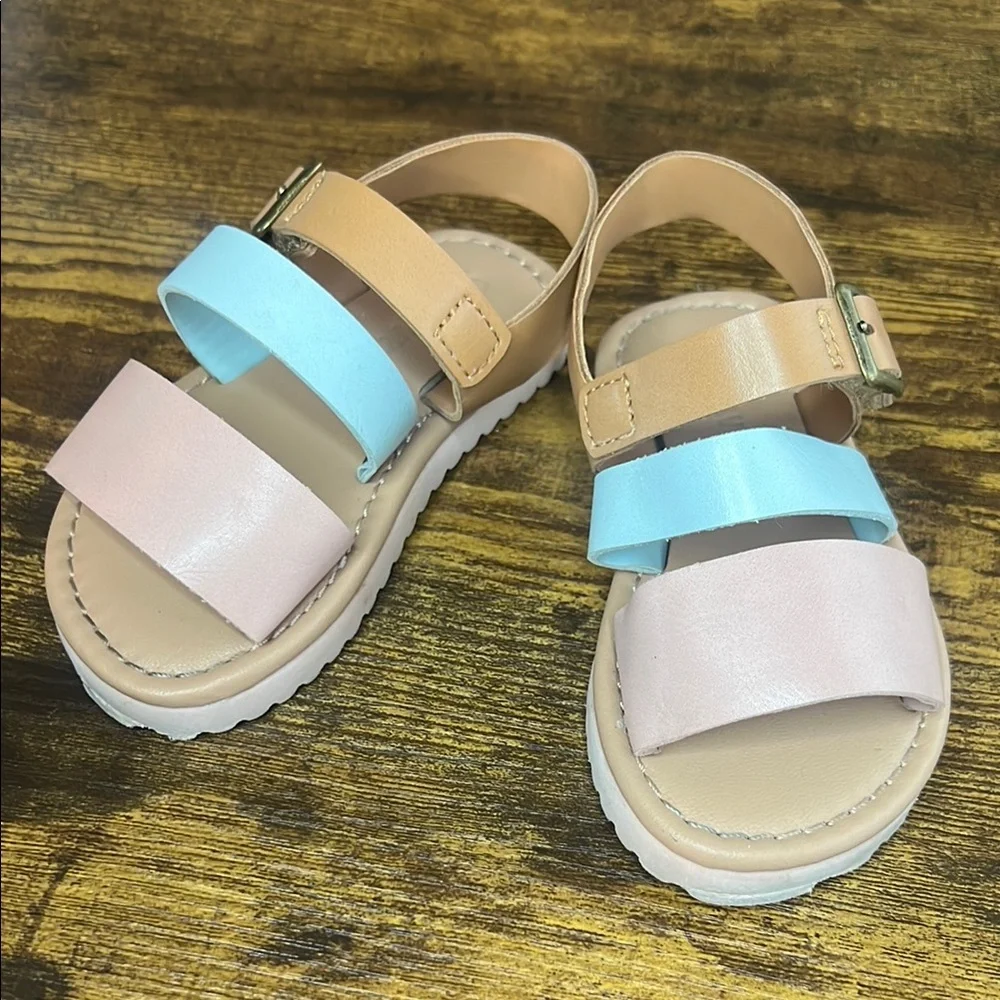 Kids Sandals with Adjustable Straps - Tan, Blue, and Pink